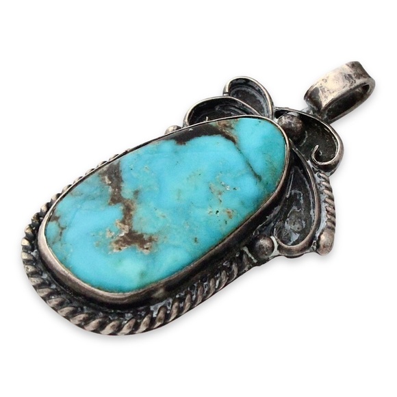 Vintage Navajo Turquoise Sterling Silver Necklace Pendant Large Native American - Picture 3 of 5